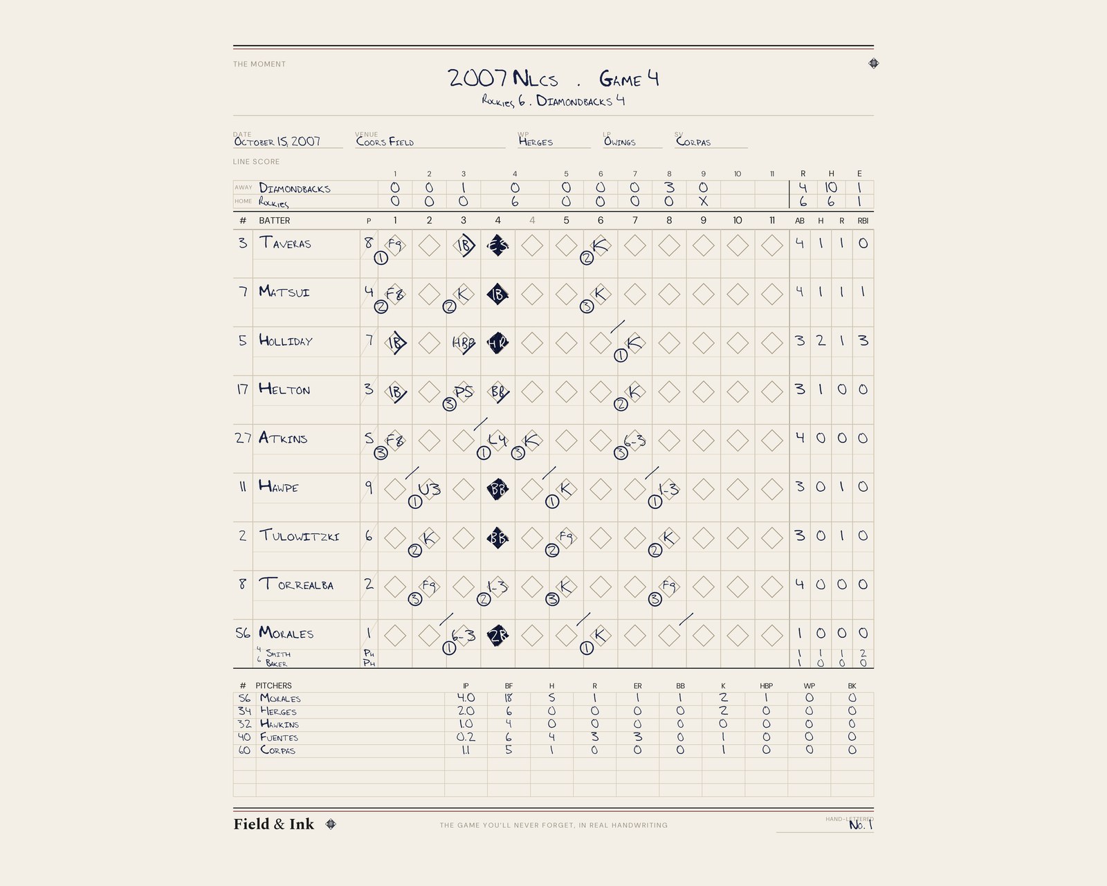 Rockies — 2007 NLCS · Game 4 hand-lettered scorecard