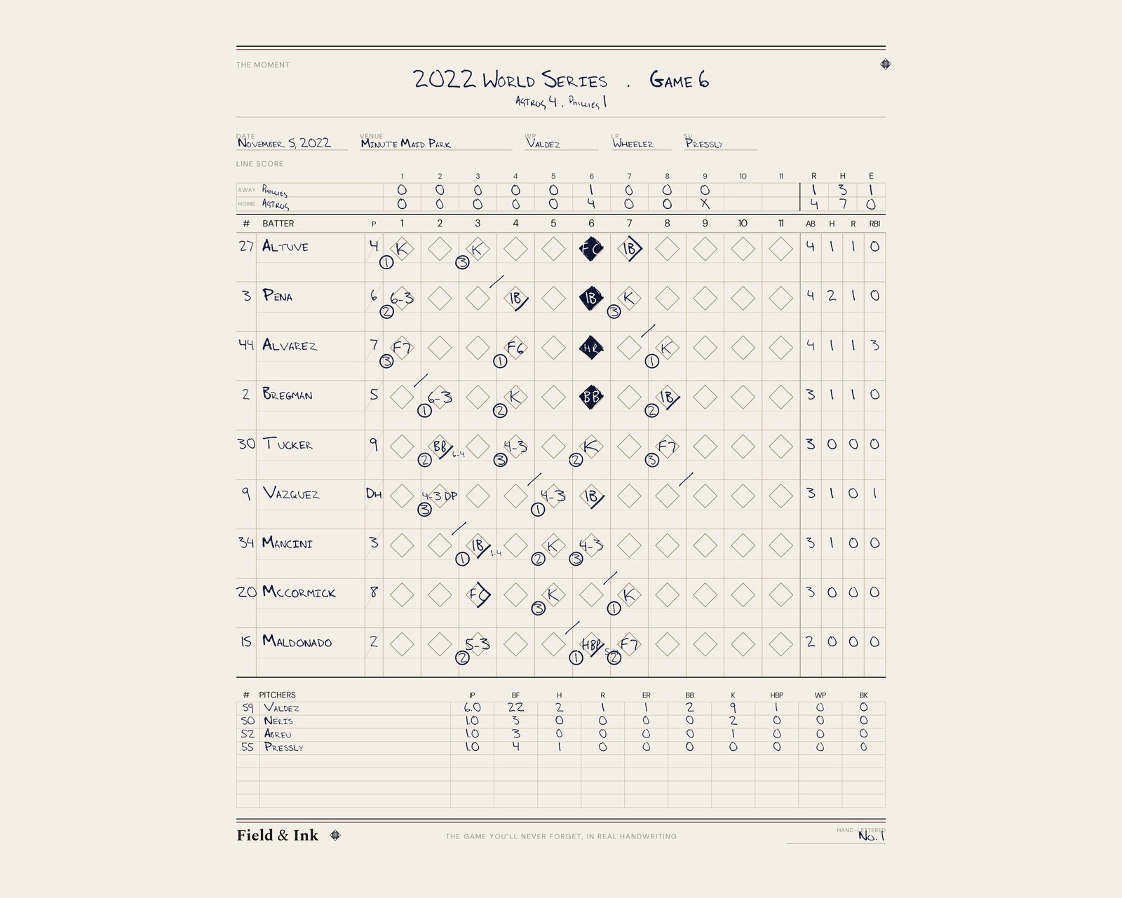 Astros — 2022 World Series · Game 6 hand-lettered scorecard